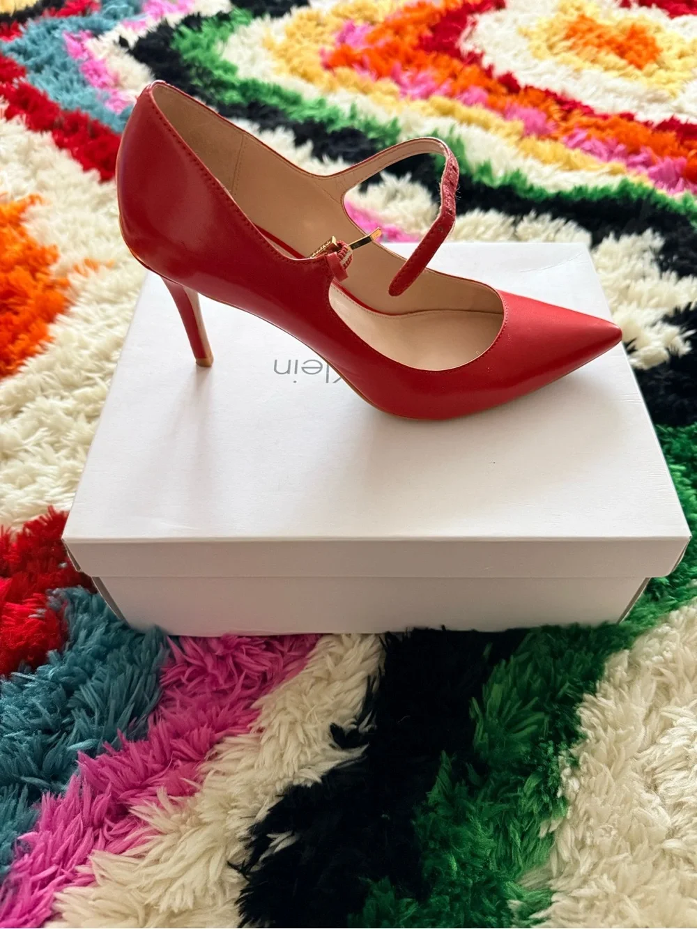 Calvin Klein Red Pointed Mary Jane Pumps with Buckle Strap